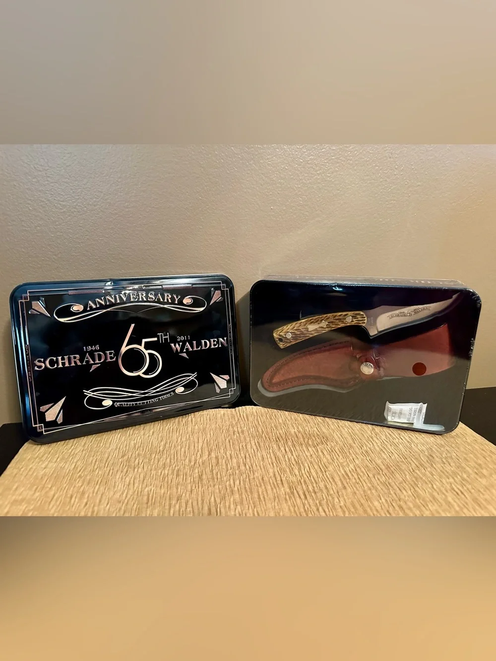 Schrade-Walden 65th Anniversary Tin with Peach Seed Bone Handle Knife and Sheath
